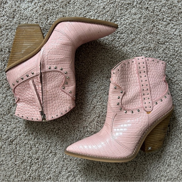 Sam Edelman Pink Iris Croc Embossed Leather Ankle Booties Size 10M - Picture 8 of 14